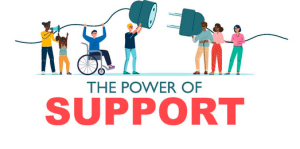 A decorative graphic that features several people of all abilities and races working together to plug in a giant electrical cord. 